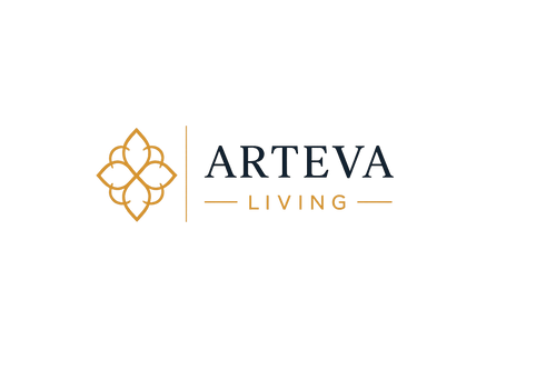 The logo for Arteva Living features a gold geometric floral emblem on the left, separated from the text by a vertical line. The word 'ARTEVA' is written in dark navy blue serif font, and 'LIVING' is in gold serif font below, all on a solid white background.
